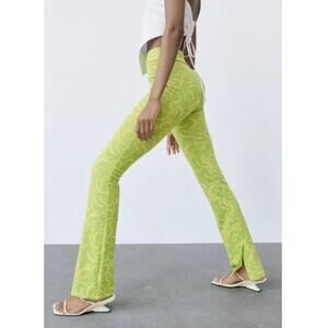 Zara Green Yellow Flared Jacquard Pull On Pant